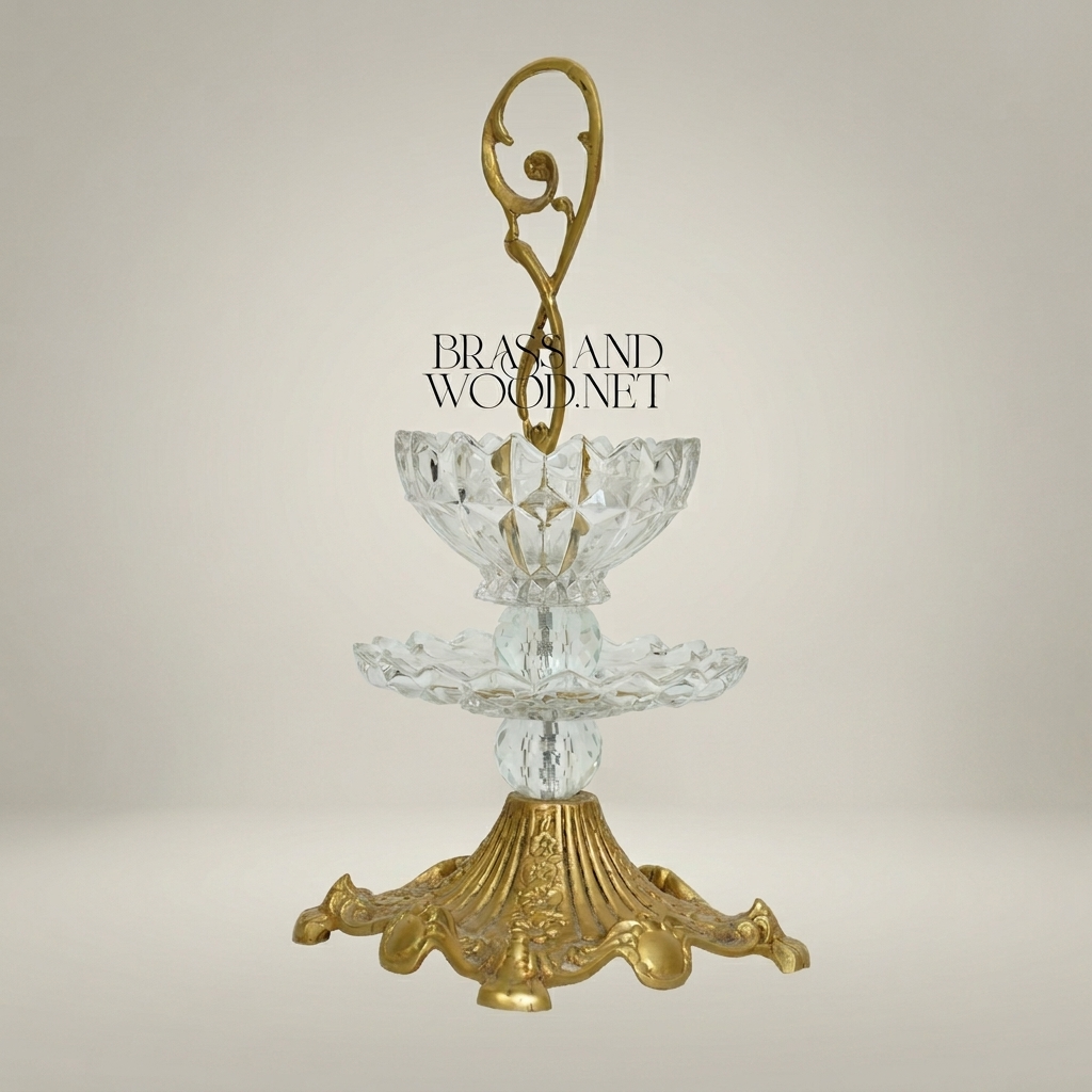 Classical Two-Tier Crystal & Brass Candy Dish - Ornate Scrollwork Handle — Antique Gold