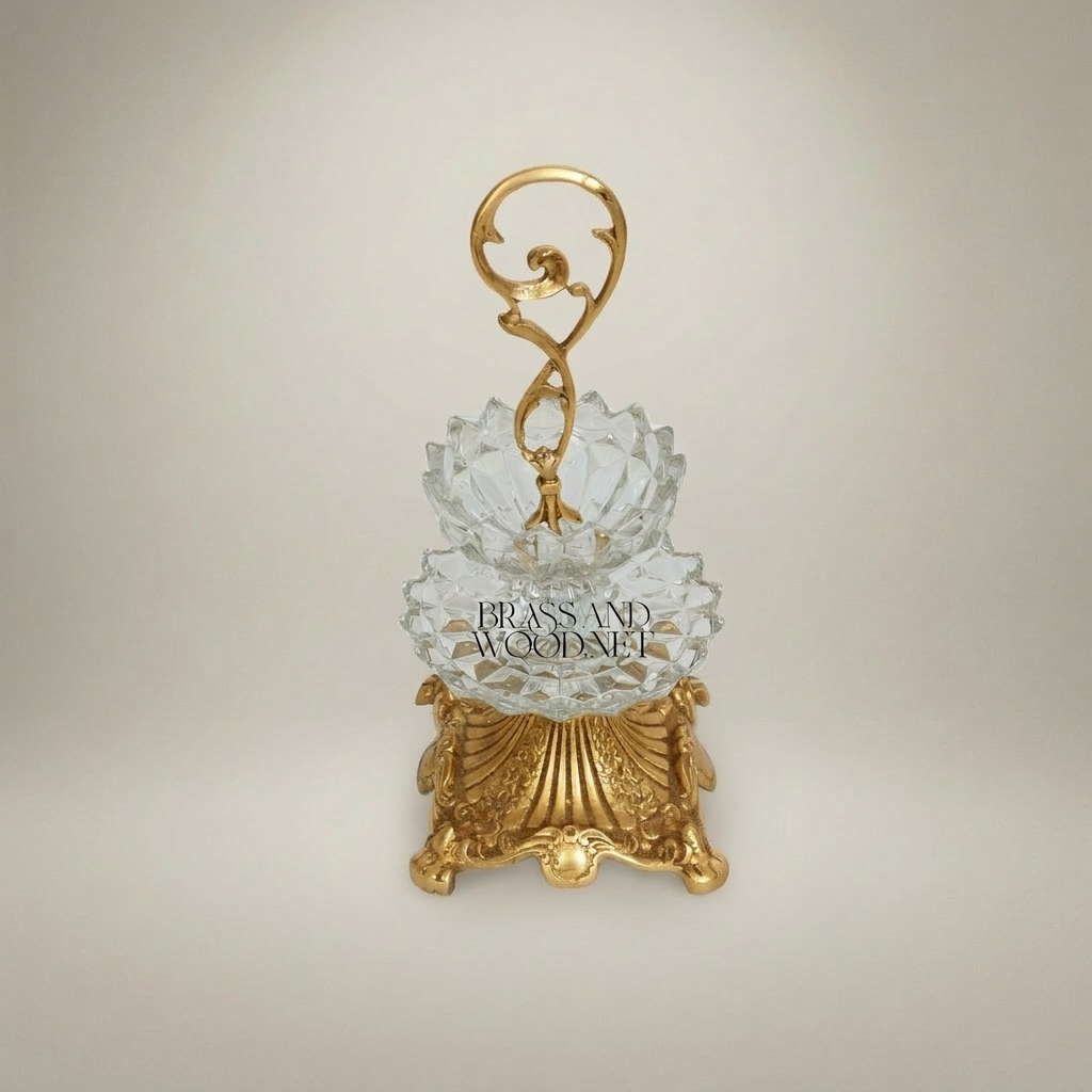 Classical Two-Tier Crystal & Brass Candy Dish - Ornate Scrollwork Handle — Gold