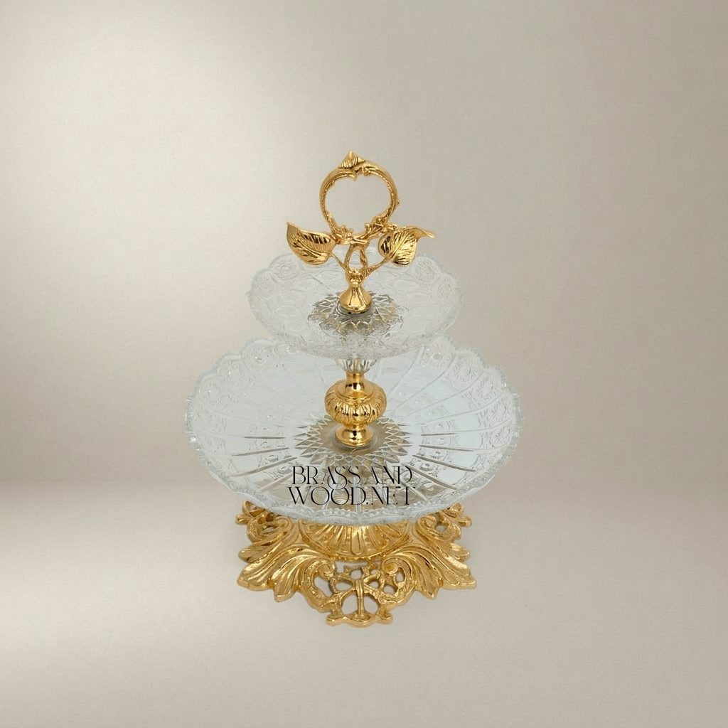 Classical Two-Tier Crystal & Brass Candy Dish - Ornate Leaf Handle Stand