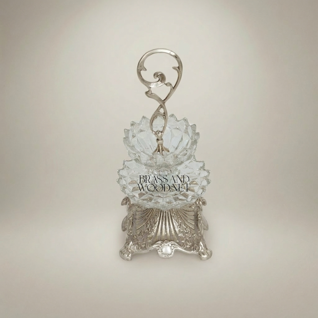 Classical Two-Tier Crystal & Brass Candy Dish - Ornate Scrollwork Handle — Silver