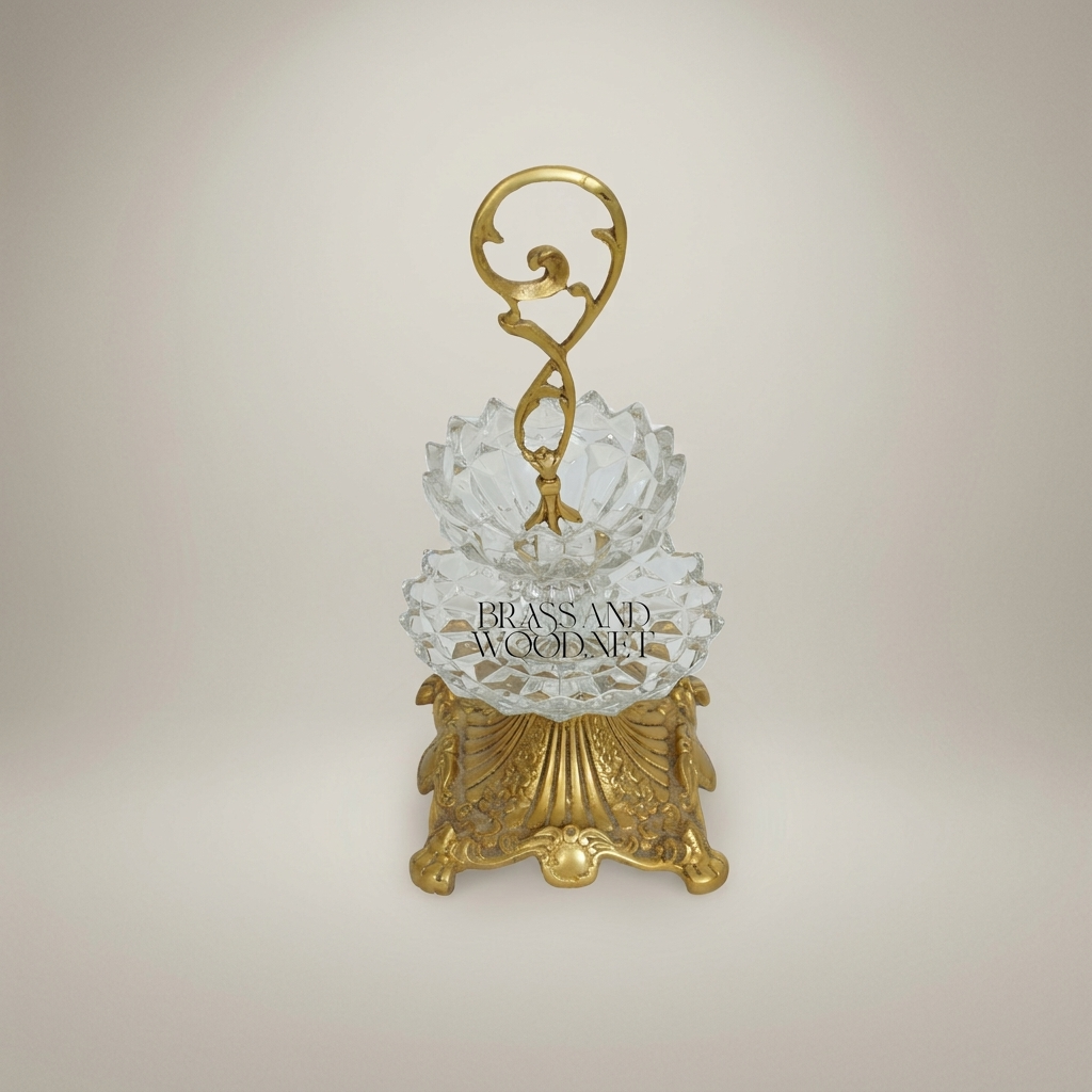 Classical Two-Tier Crystal & Brass Candy Dish - Ornate Scrollwork Handle — Antique Gold