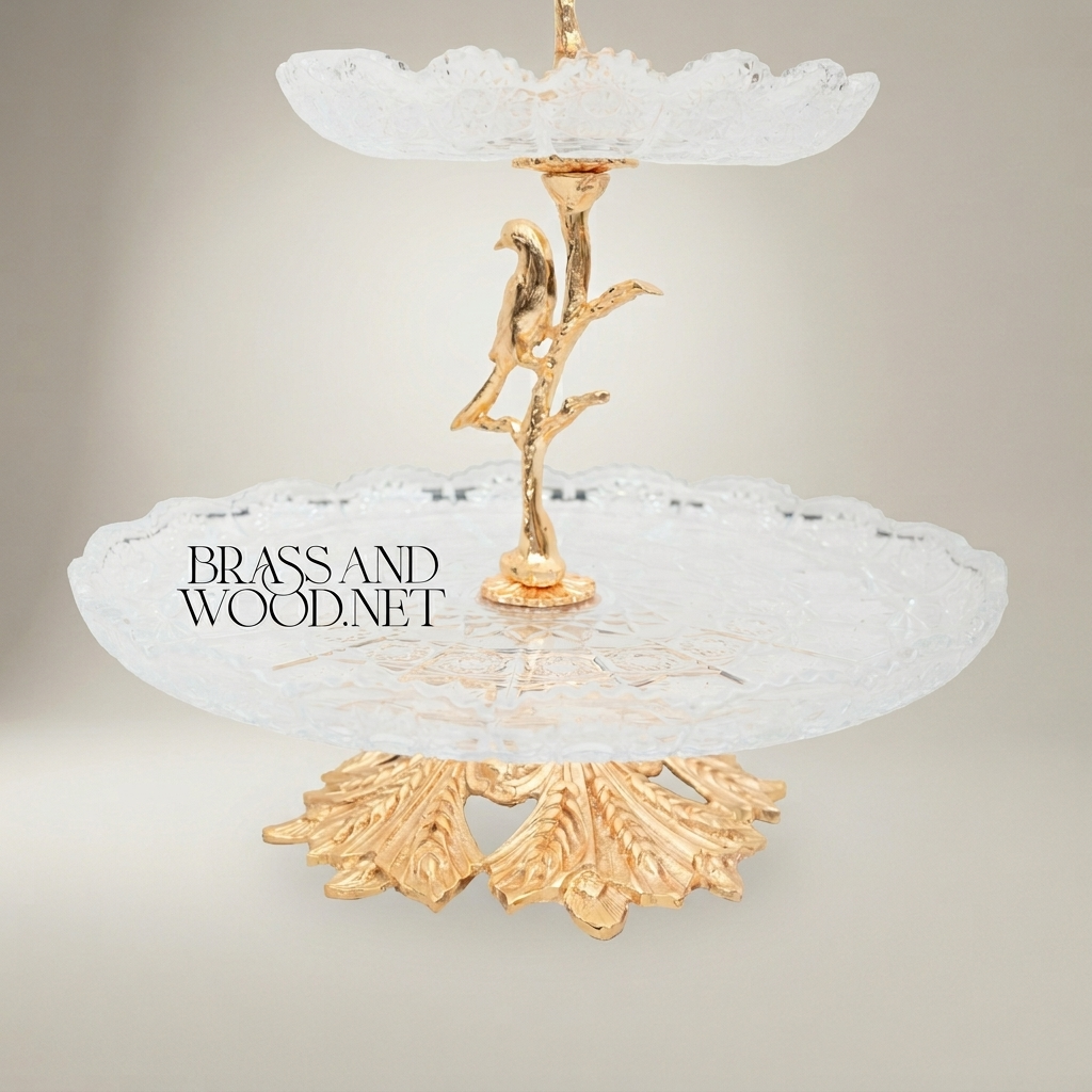 Classical Two-Tier Glass & Brass Serving Stand - Bird & Branch Motif