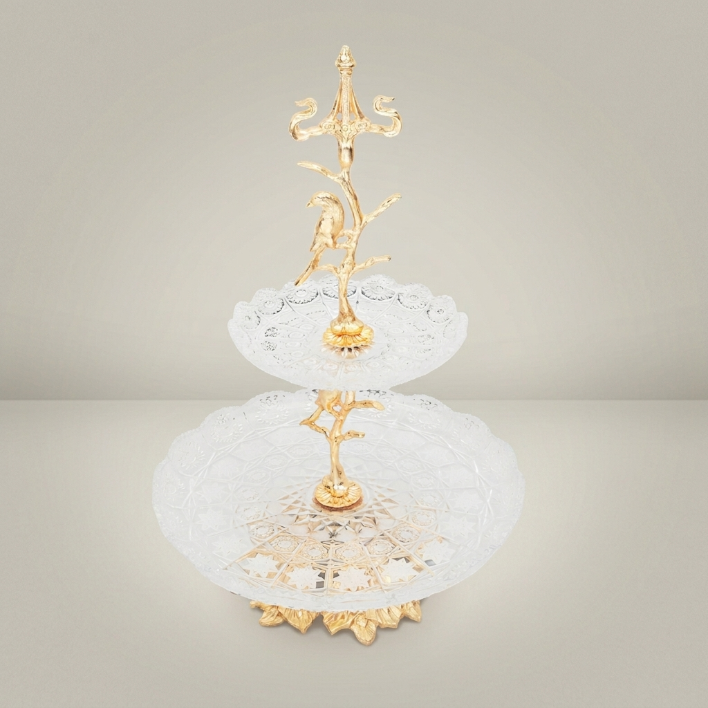 Classical Two-Tier Glass & Brass Serving Stand - Bird & Branch Motif