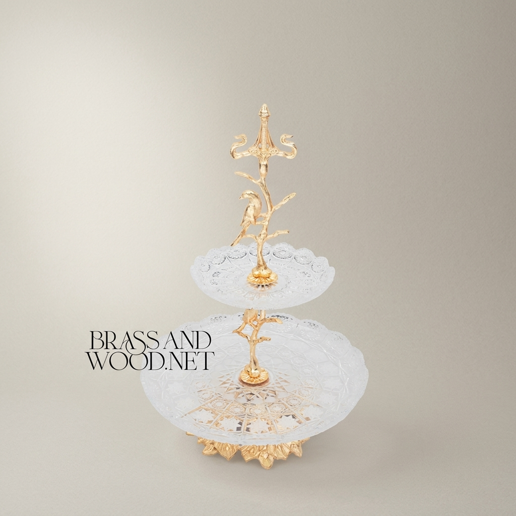 Classical Two-Tier Glass & Brass Serving Stand - Bird & Branch Motif — Gold