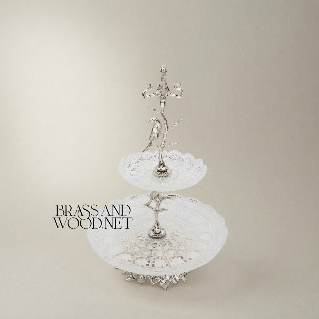 Classical Two-Tier Glass & Brass Serving Stand - Bird & Branch Motif — Silver