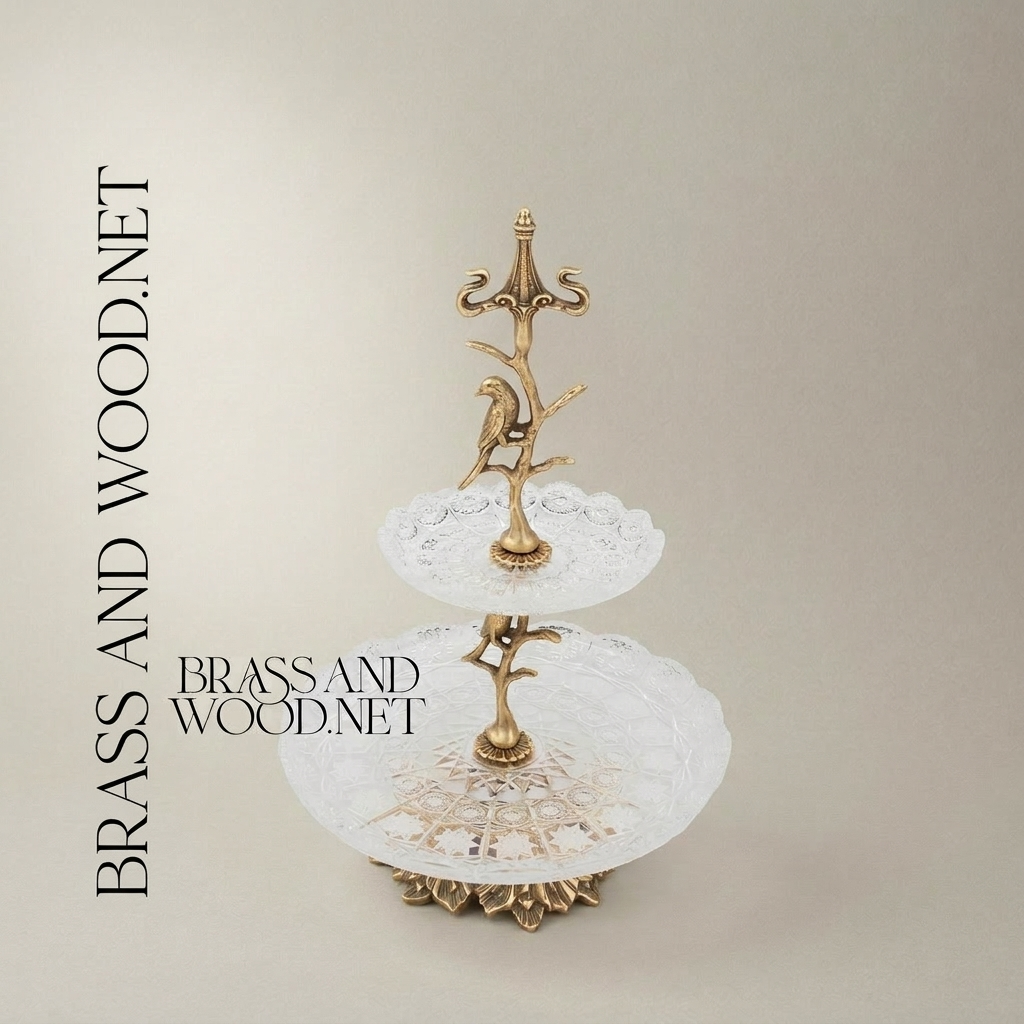 Classical Two-Tier Glass & Brass Serving Stand - Bird & Branch Motif — Antique Gold