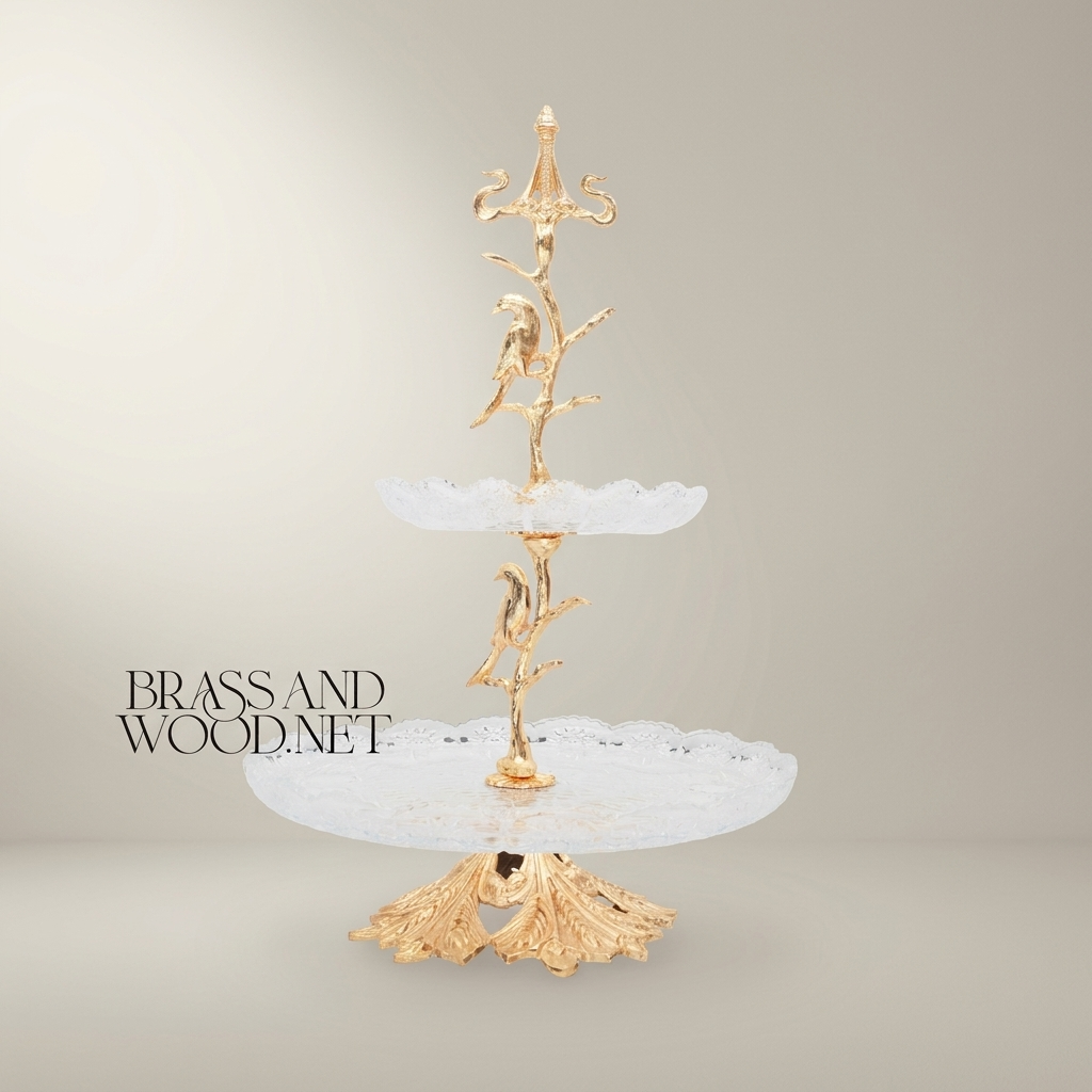 Classical Two-Tier Glass & Brass Serving Stand - Bird & Branch Motif