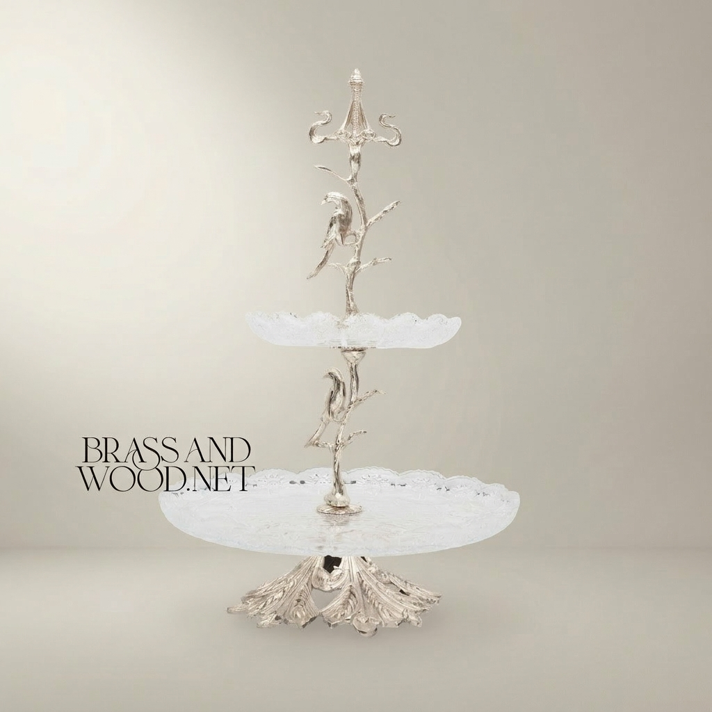 Classical Two-Tier Glass & Brass Serving Stand - Bird & Branch Motif — Silver