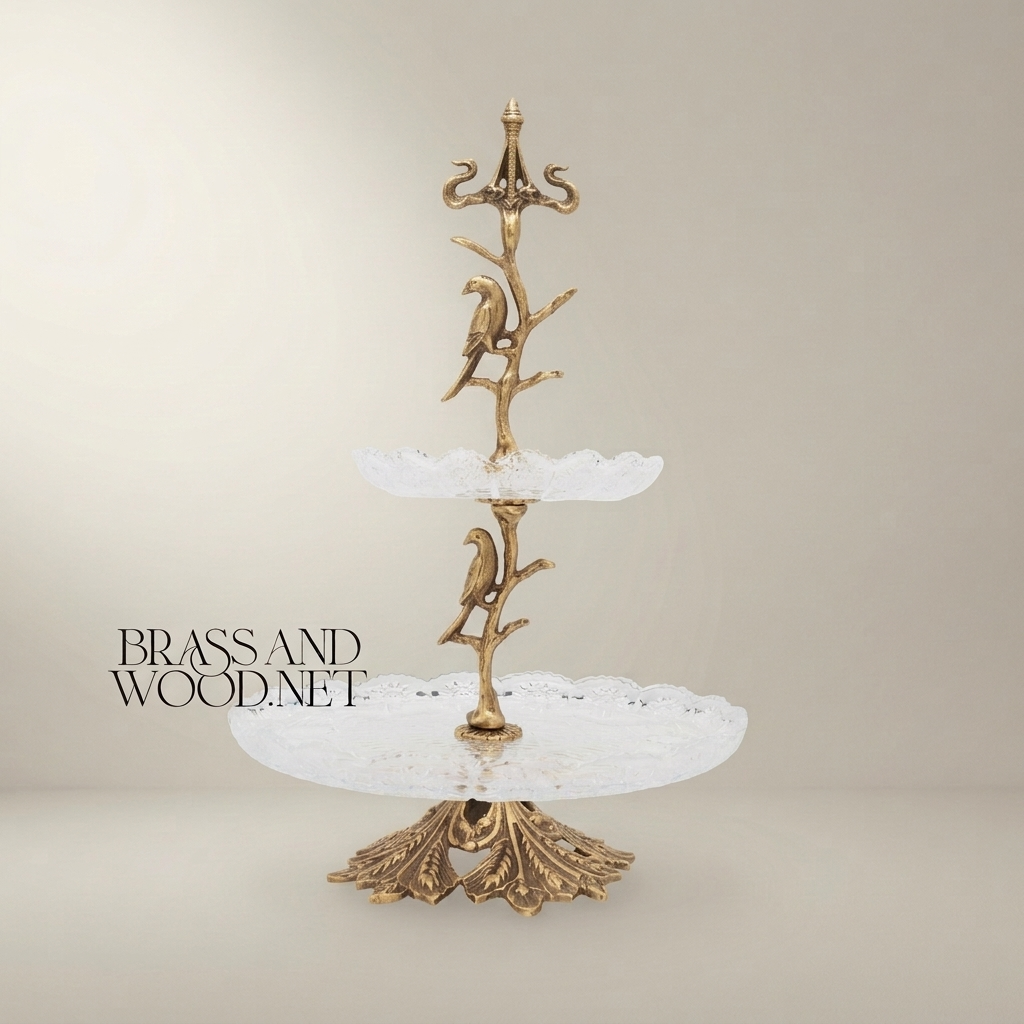 Classical Two-Tier Glass & Brass Serving Stand - Bird & Branch Motif — Antique Gold