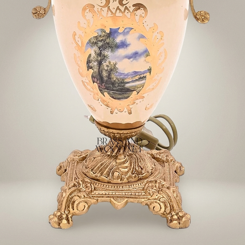 Classical Urn Ceramic Table Lamp with Brass Scrollwork Handles & Pleated Shade — Antique Gold