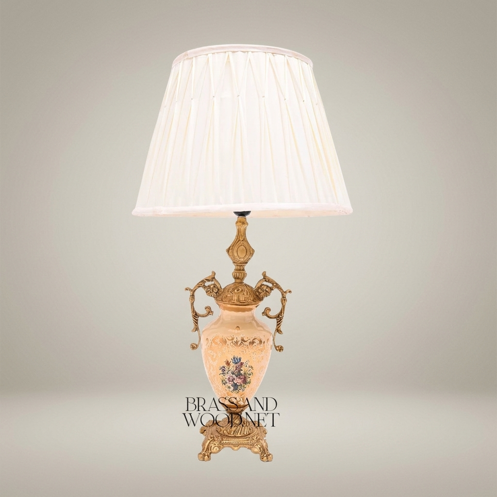 Classical Urn Ceramic Table Lamp with Brass Scrollwork Handles & Pleated Shade — Antique Gold