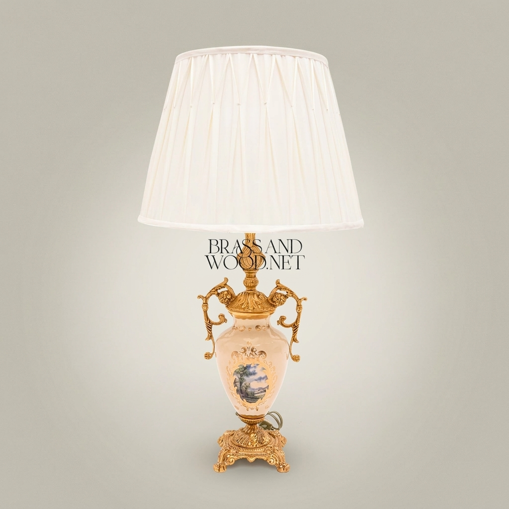 Classical Urn Ceramic Table Lamp with Brass Scrollwork Handles & Pleated Shade