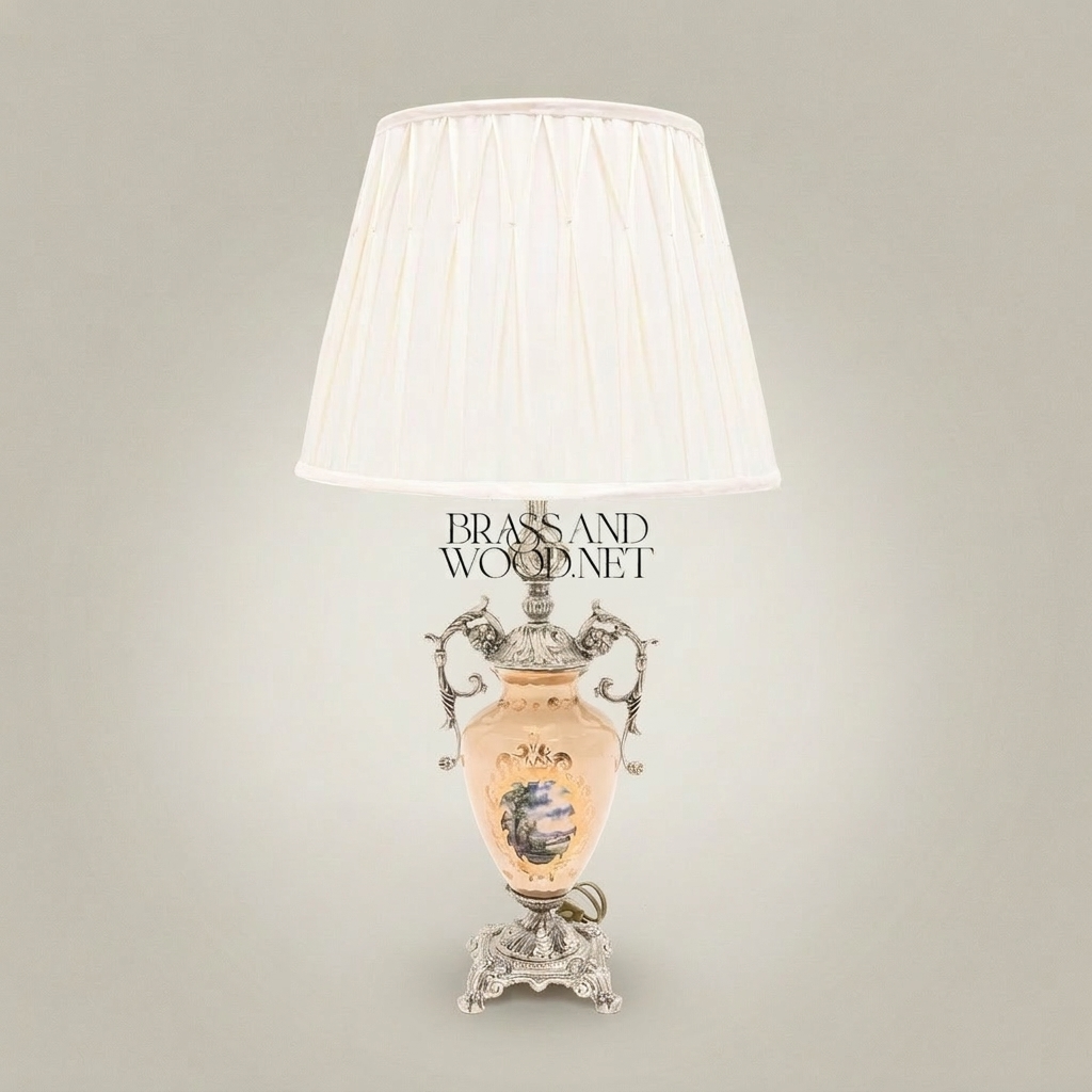 Classical Urn Ceramic Table Lamp with Brass Scrollwork Handles & Pleated Shade — Silver