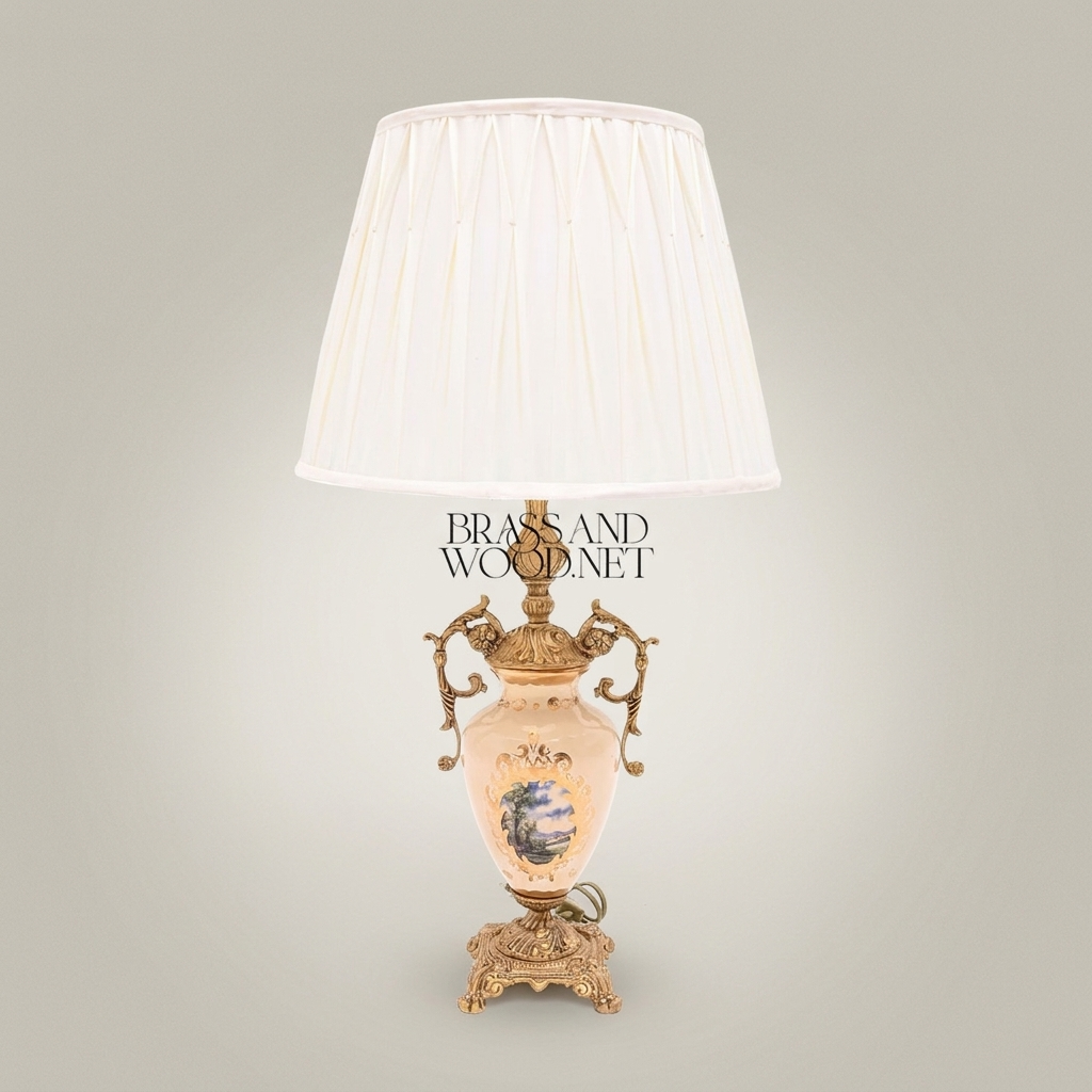 Classical Urn Ceramic Table Lamp with Brass Scrollwork Handles & Pleated Shade — Antique Gold
