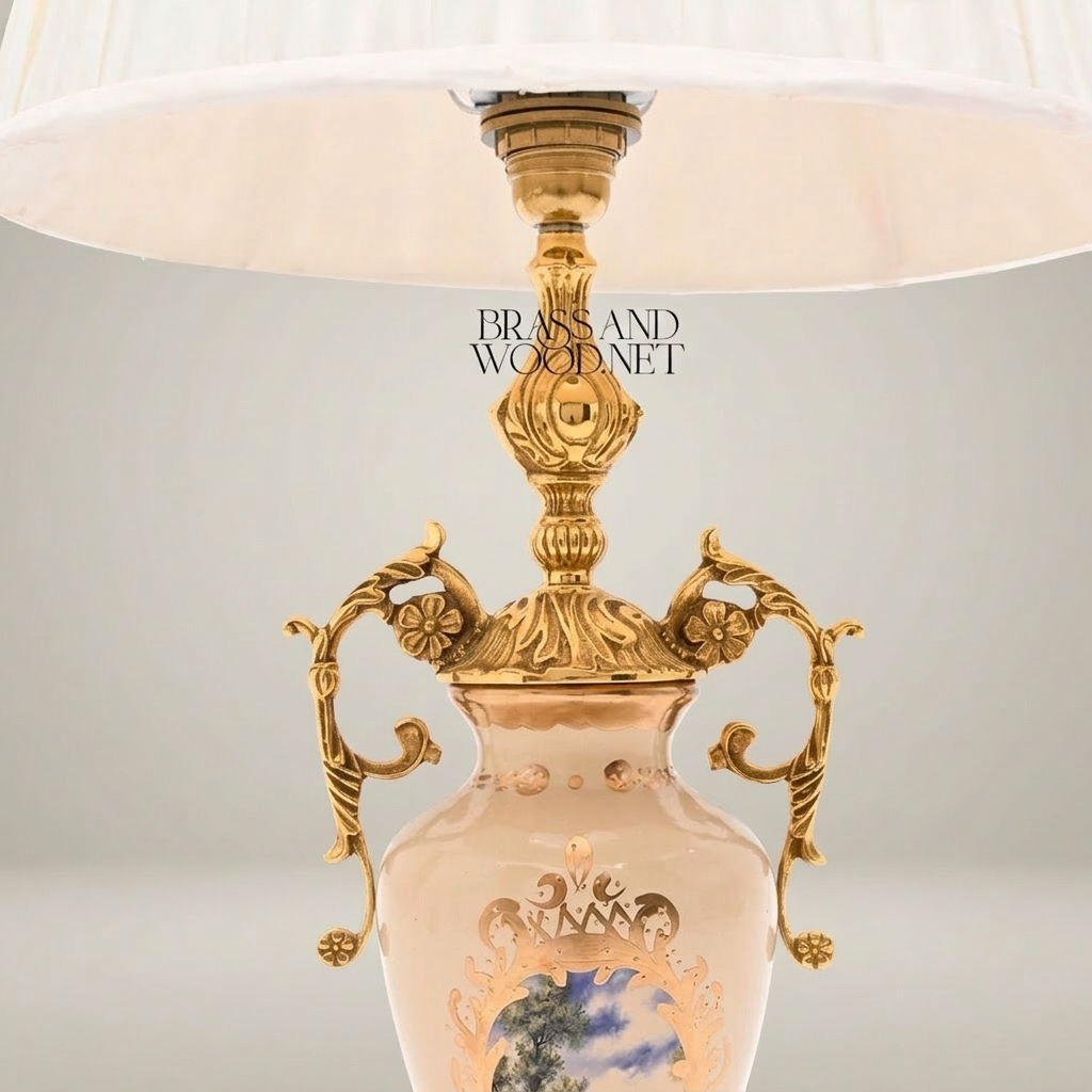 Classical Urn Ceramic Table Lamp with Brass Scrollwork Handles & Pleated Shade