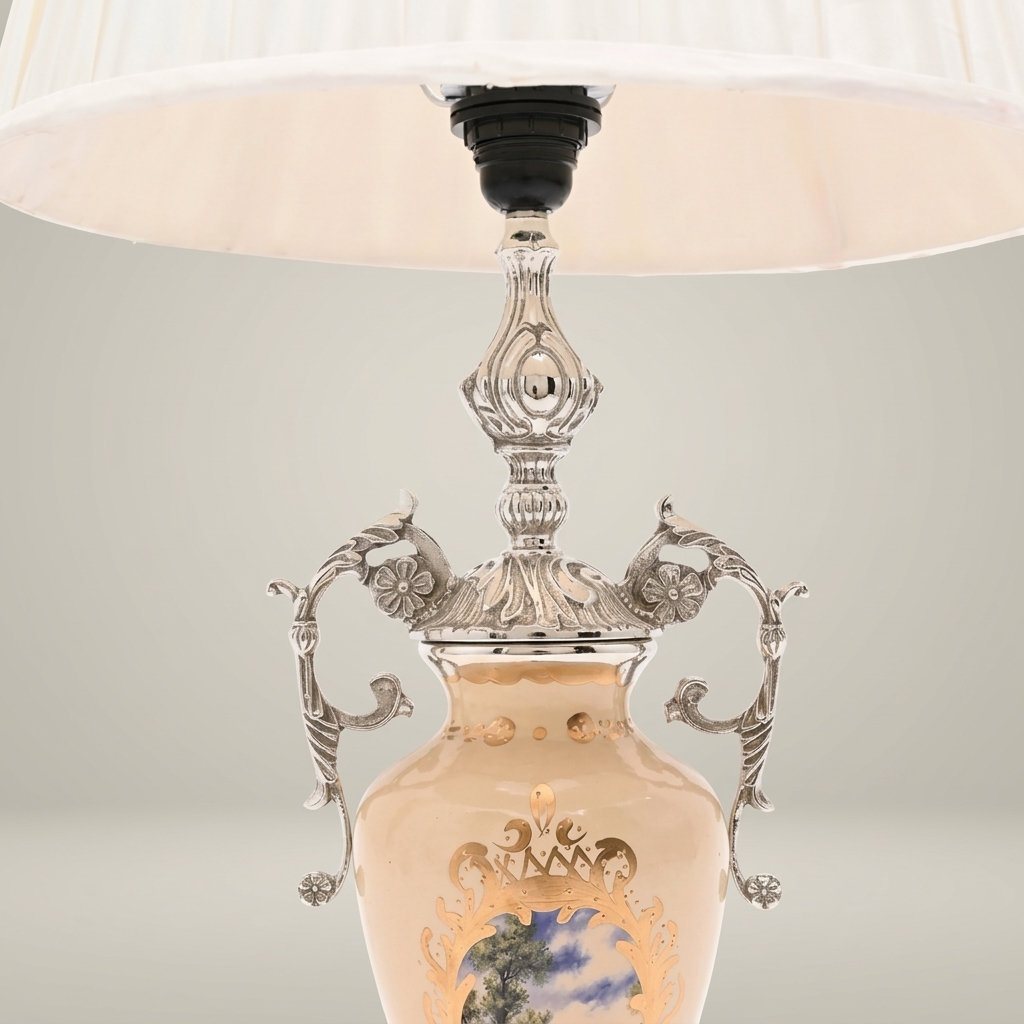 Classical Urn Ceramic Table Lamp with Brass Scrollwork Handles & Pleated Shade — Silver