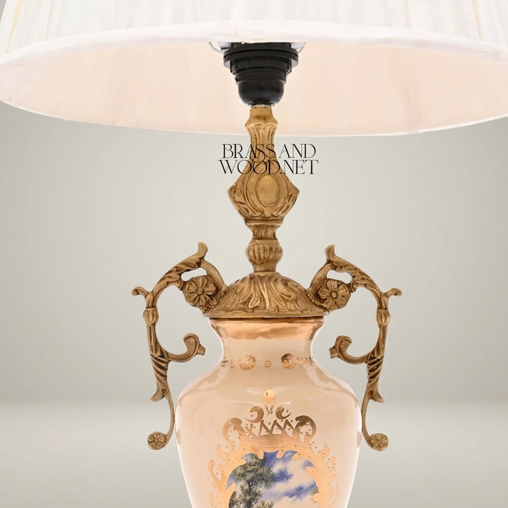 Classical Urn Ceramic Table Lamp with Brass Scrollwork Handles & Pleated Shade — Antique Gold