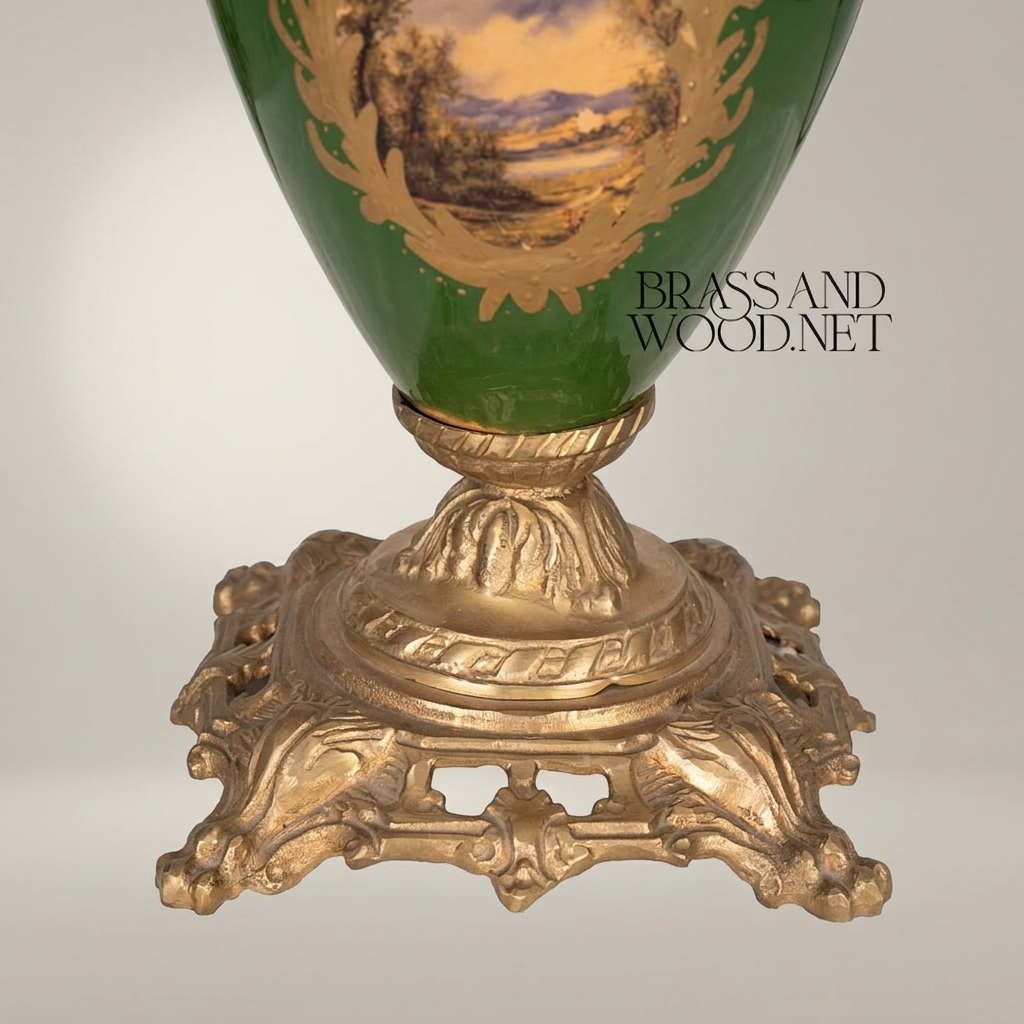 Classical Urn Ceramic Table Lamp - Ornate Brass Foliage Base & Pleated Shade — Antique Gold