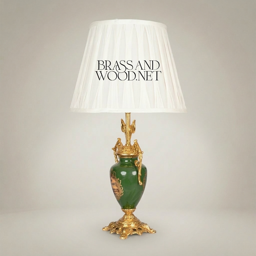 Classical Urn Ceramic Table Lamp - Ornate Brass Foliage Base & Pleated Shade — Gold
