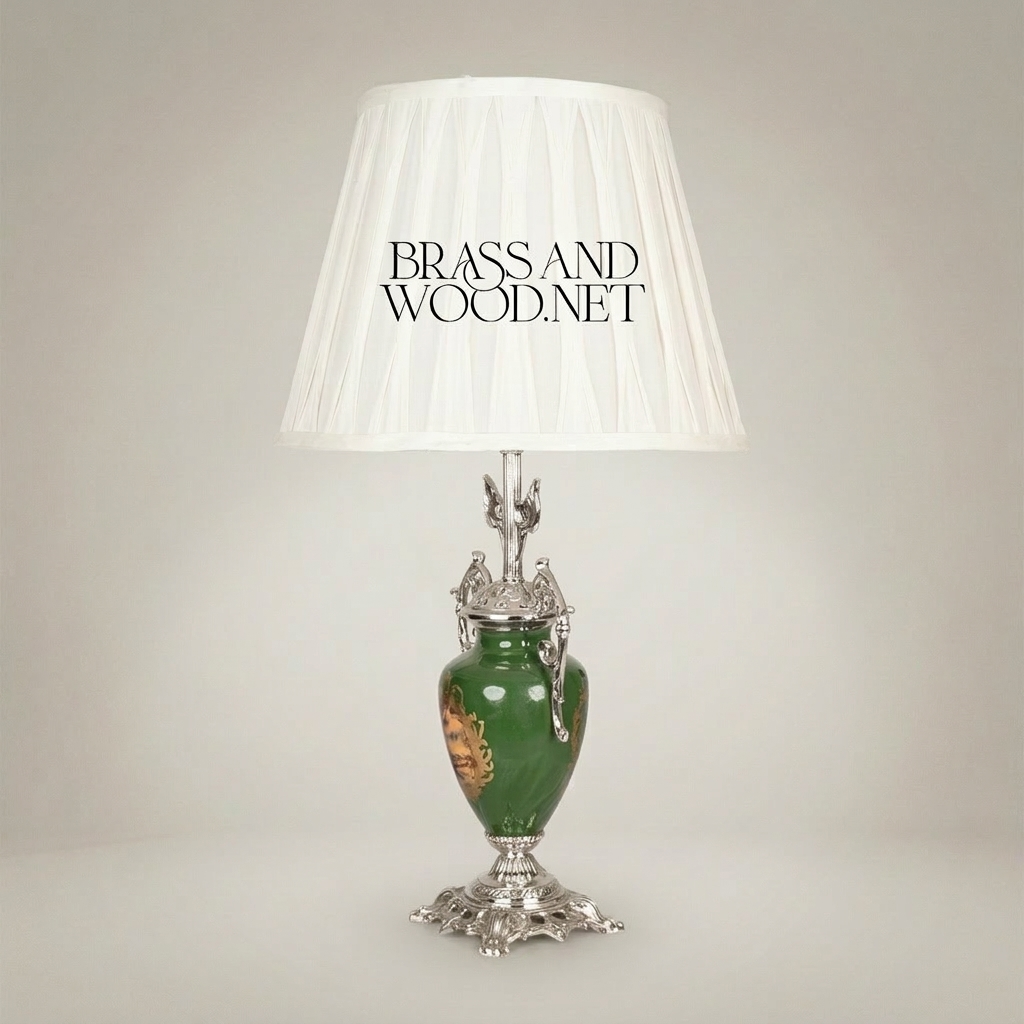 Classical Urn Ceramic Table Lamp - Ornate Brass Foliage Base & Pleated Shade — Silver