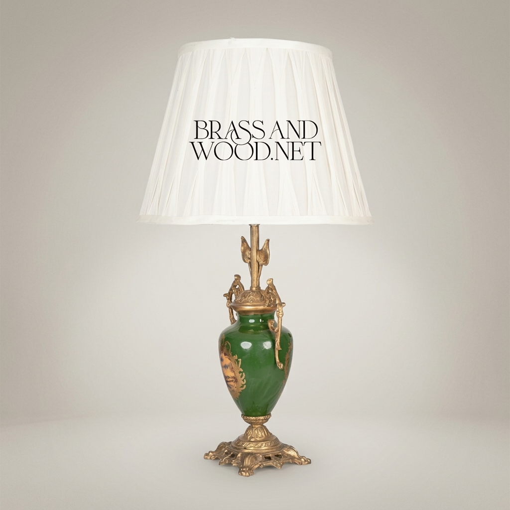 Classical Urn Ceramic Table Lamp - Ornate Brass Foliage Base & Pleated Shade — Antique Gold