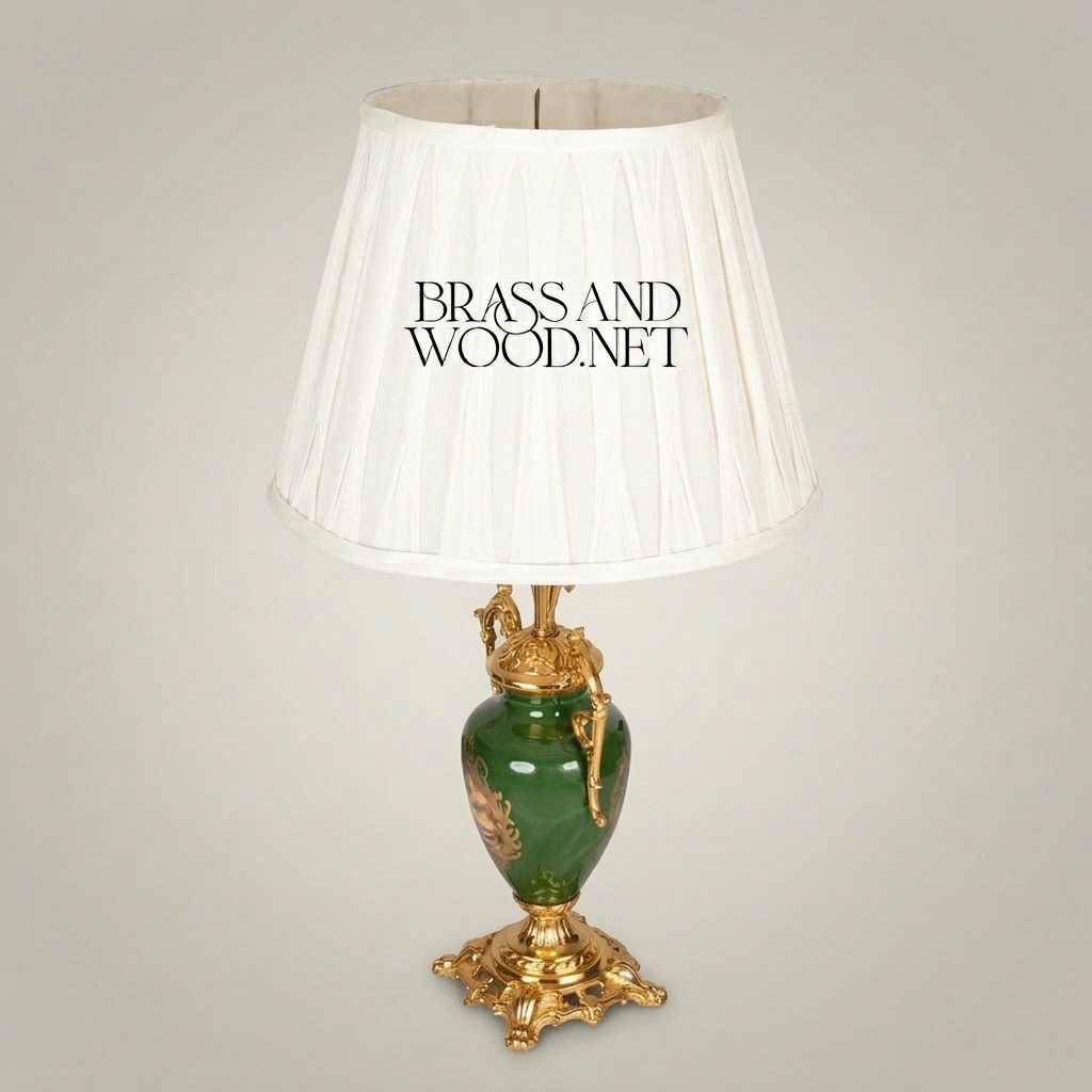 Classical Urn Ceramic Table Lamp - Ornate Brass Foliage Base & Pleated Shade — Gold