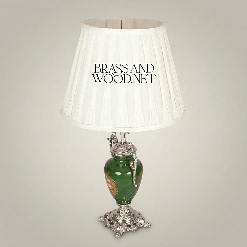 Classical Urn Ceramic Table Lamp - Ornate Brass Foliage Base & Pleated Shade — Silver
