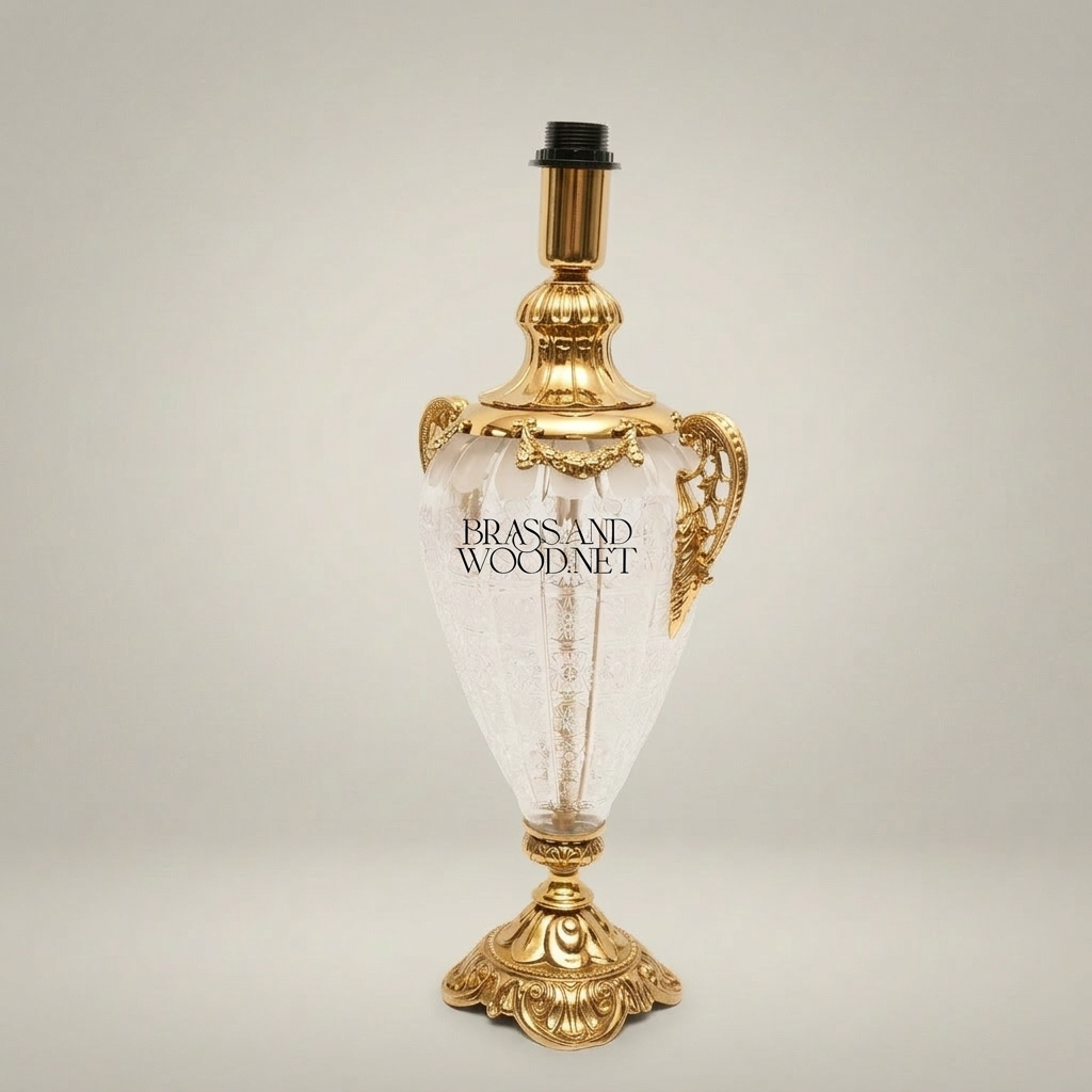 Classical Urn Table Lamp Base - Crackled Glass Body with Ornate Brass Handles & Pedestal — Gold