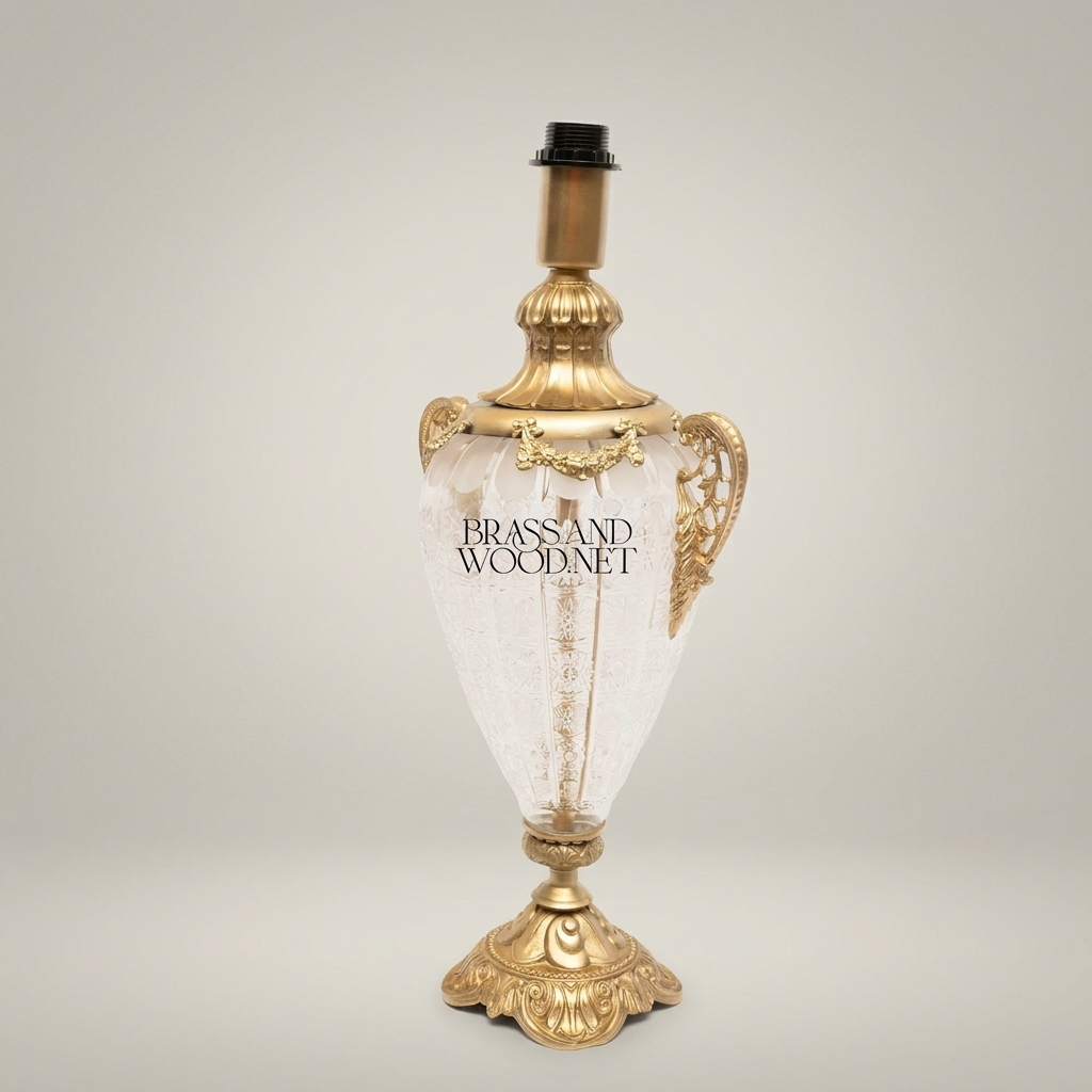 Classical Urn Table Lamp Base - Crackled Glass Body with Ornate Brass Handles & Pedestal — Antique Gold