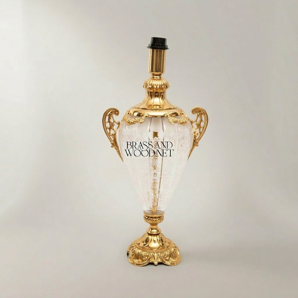 Classical Urn Table Lamp Base - Crackled Glass Body with Ornate Brass Handles & Pedestal