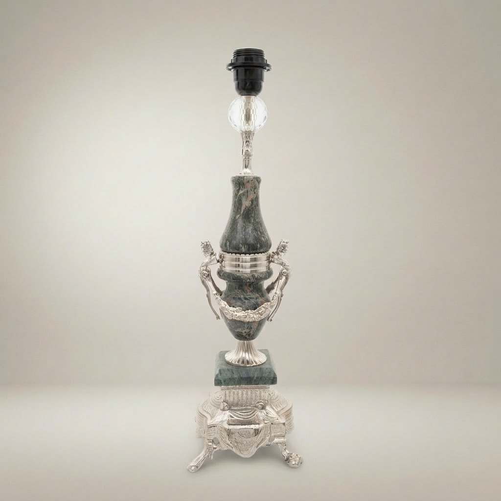 Classical Urn Table Lamp - Green Marble & Ornate Brass Figural Base — Silver