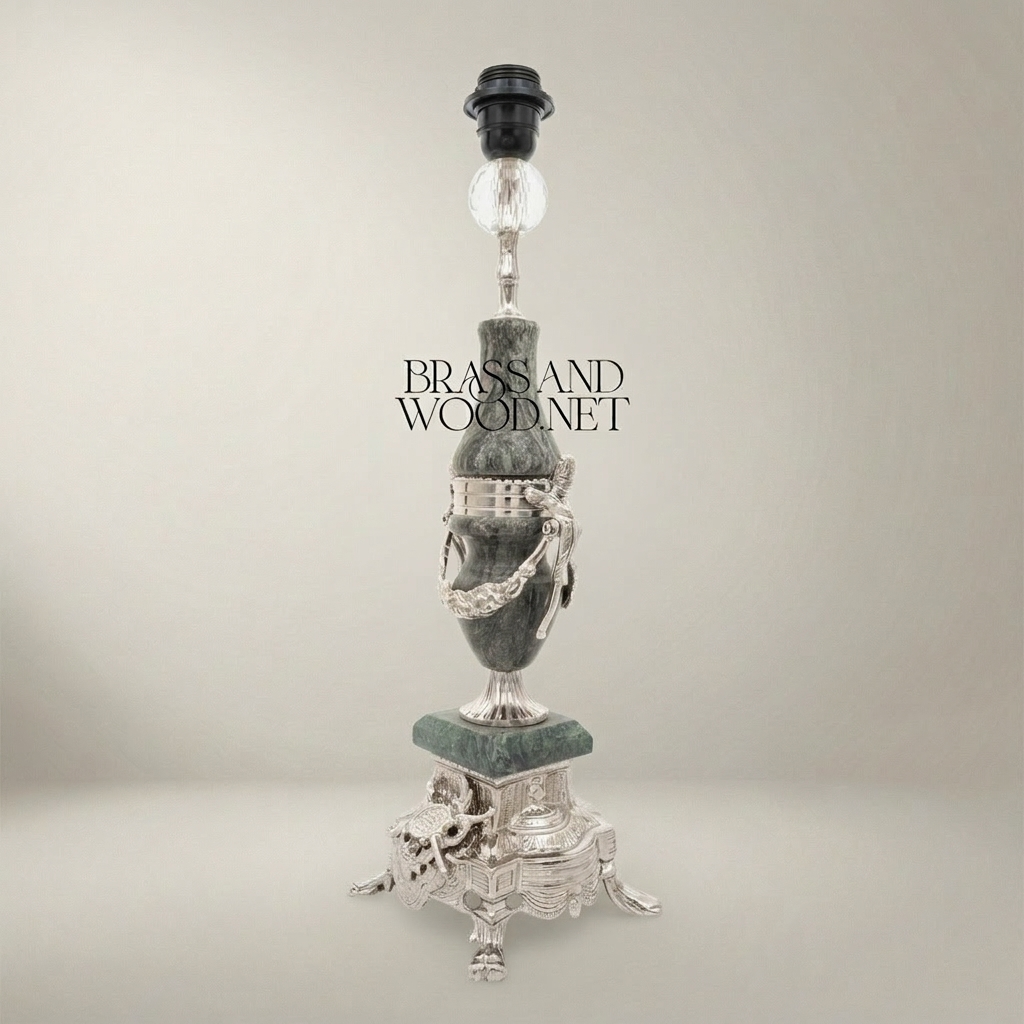 Classical Urn Table Lamp - Green Marble & Ornate Brass Figural Base — Silver