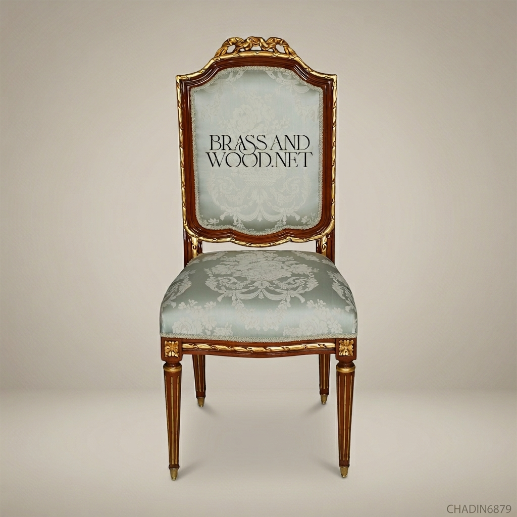 Brass & Wood Louis XVI Damask Dining Chair