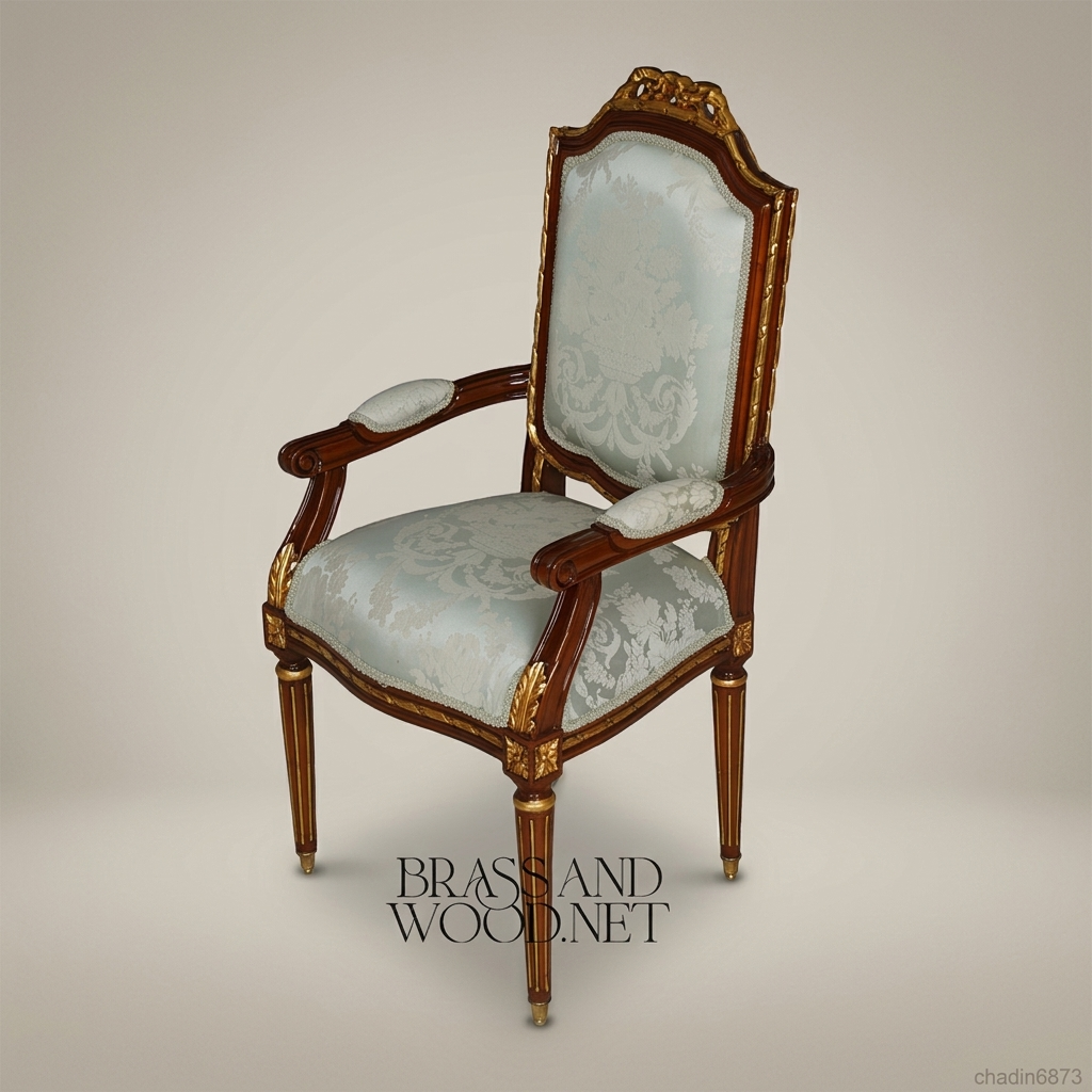 Brass & Wood Louis XVI Damask Dining Chair