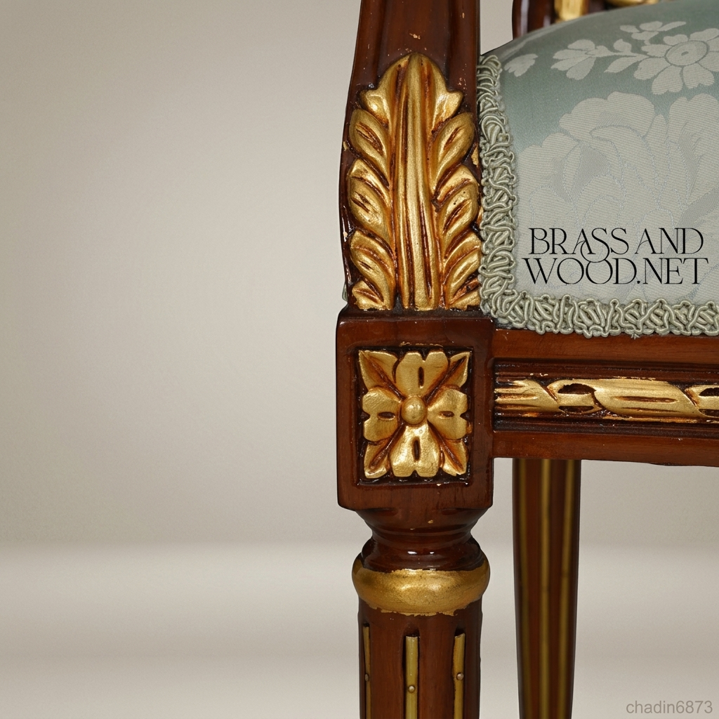 Brass & Wood Louis XVI Damask Dining Chair