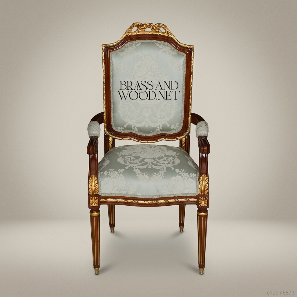 Brass & Wood Louis XVI Damask Dining Chair