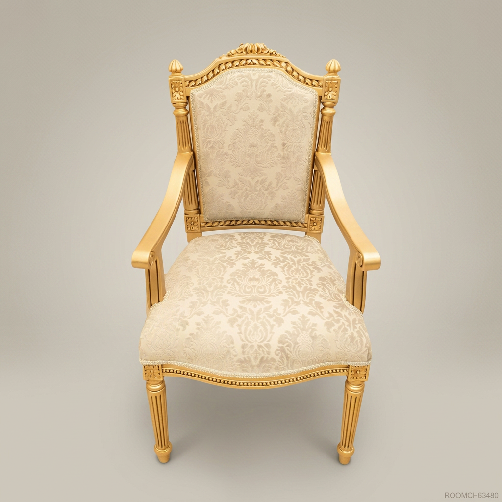 Brass & Wood Louis XVI Damask Dining Chair