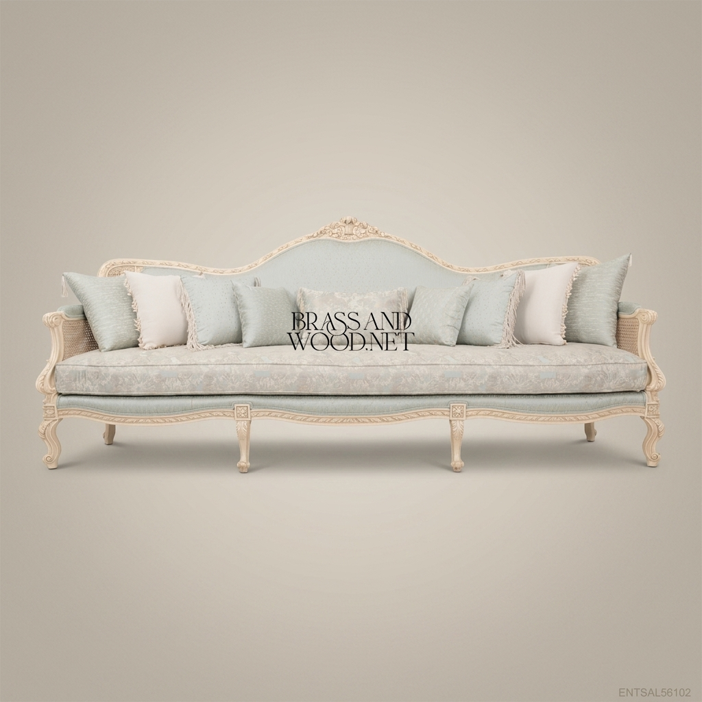Louis XV Cane & Damask Salon Sofa