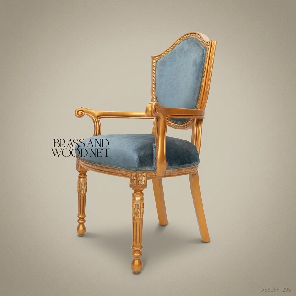 Brass & Wood Upholstered Dining Chair