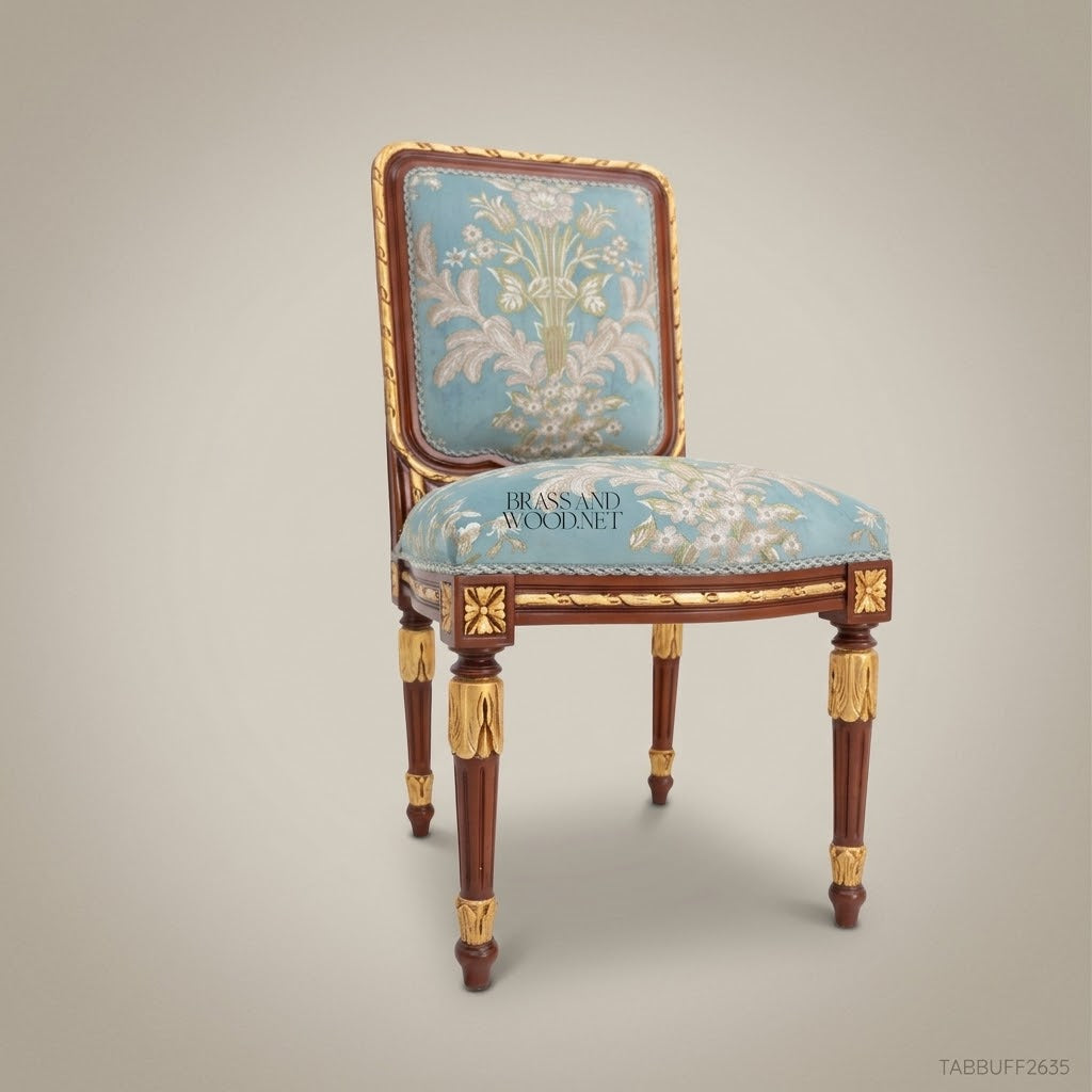 Brass & Wood Louis XVI Floral Tapestry Dining Chair