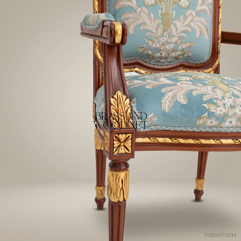 Brass & Wood Louis XVI Floral Tapestry Dining Chair