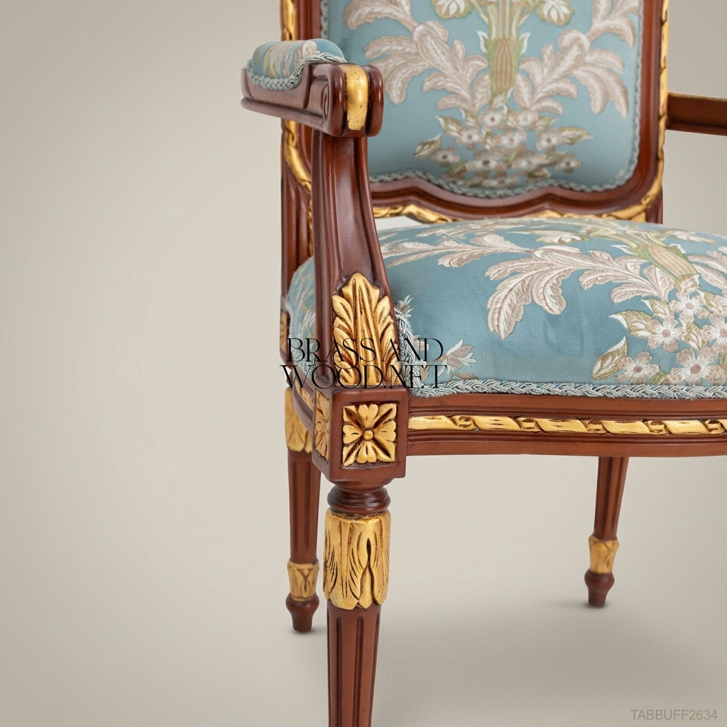 Brass & Wood Louis XVI Floral Tapestry Dining Chair