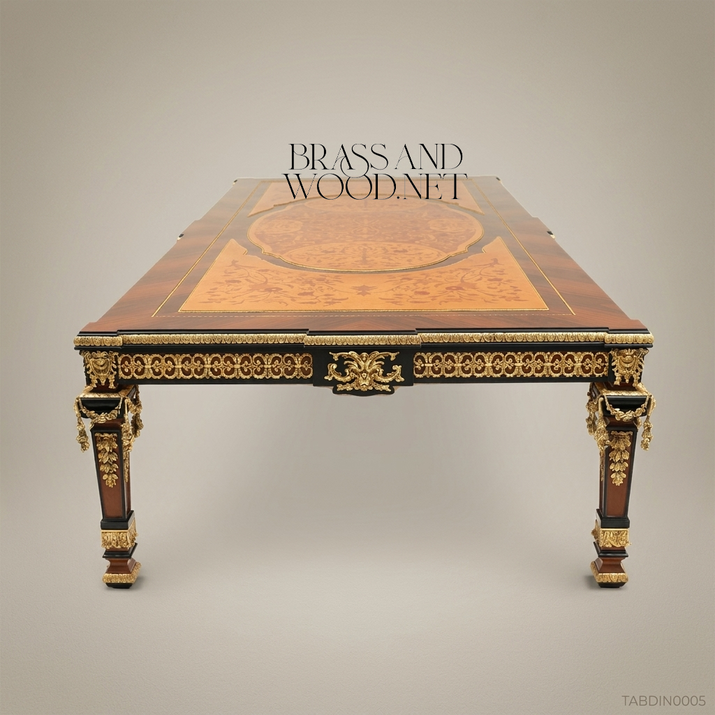 Empire Gilt Dining Suite with Marquetry Buffet & Damask Chairs