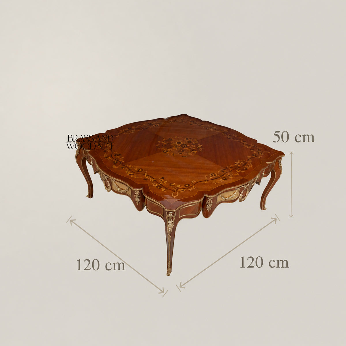 Brown Marquetry & Brass Coffee & Corner Table Set