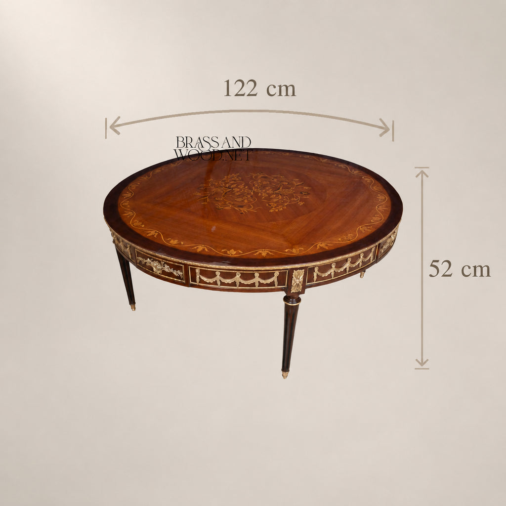 Brass-Trimmed Brown Marquetry Coffee & Corner Table Set