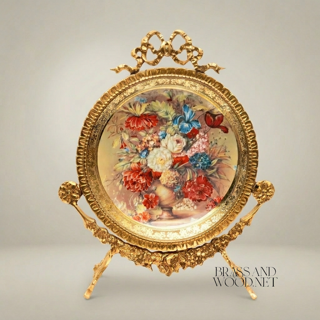 Rococo Brass Oval Decorative Plate on Stand - Hand-Painted Floral Bouquet with Ribbon Crown