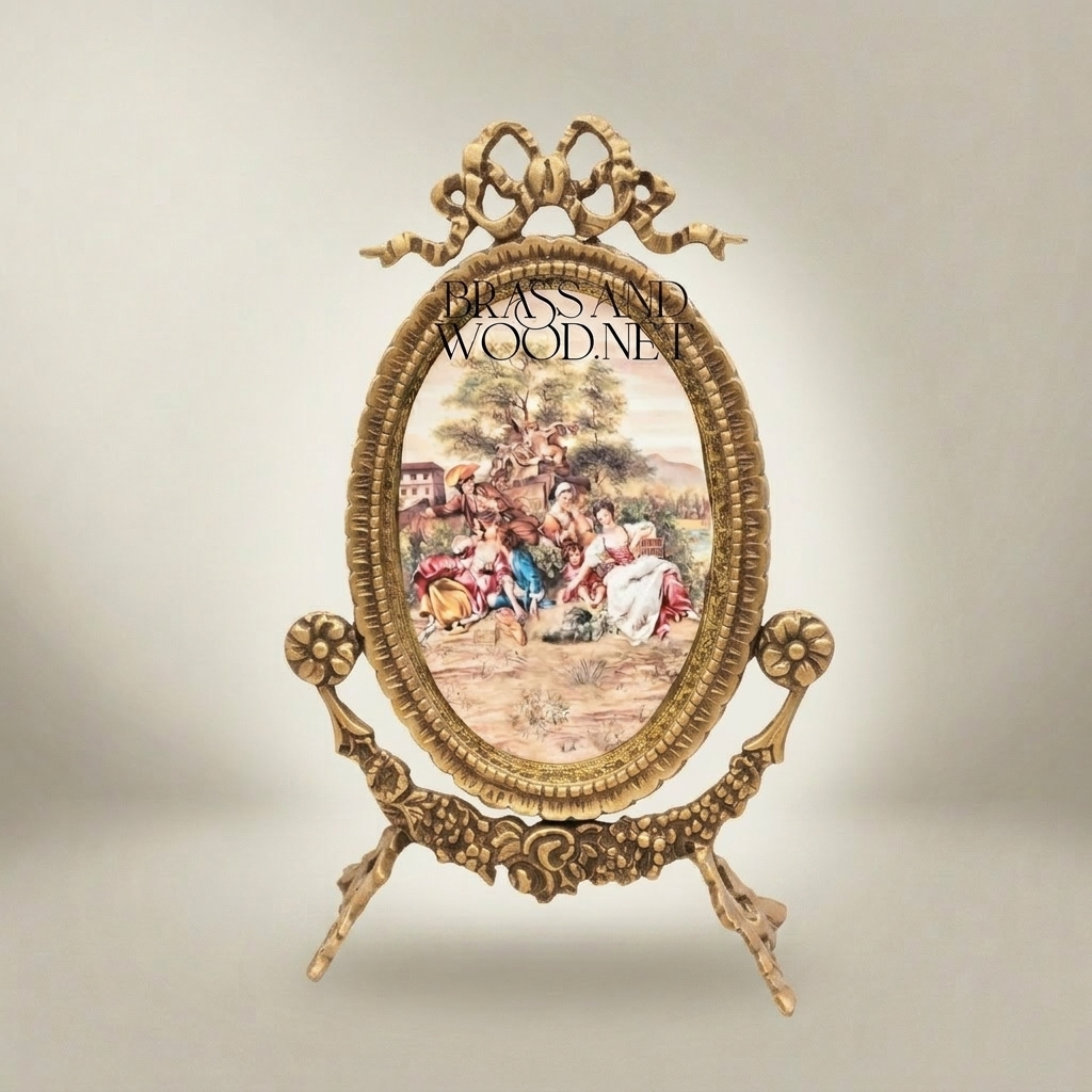 Rococo Brass Oval Stand Frame with Bow Crest & Hand-Painted Pastoral Scene