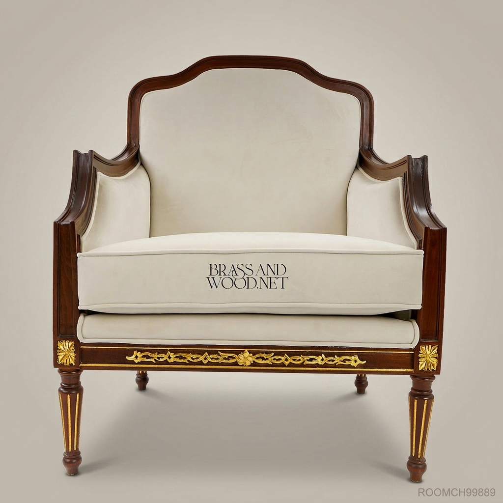 Directoire Mahogany Bergère Armchair Gilt Acanthus Frieze Fluted Legs Cream Upholstery Main View | Brass & Wood