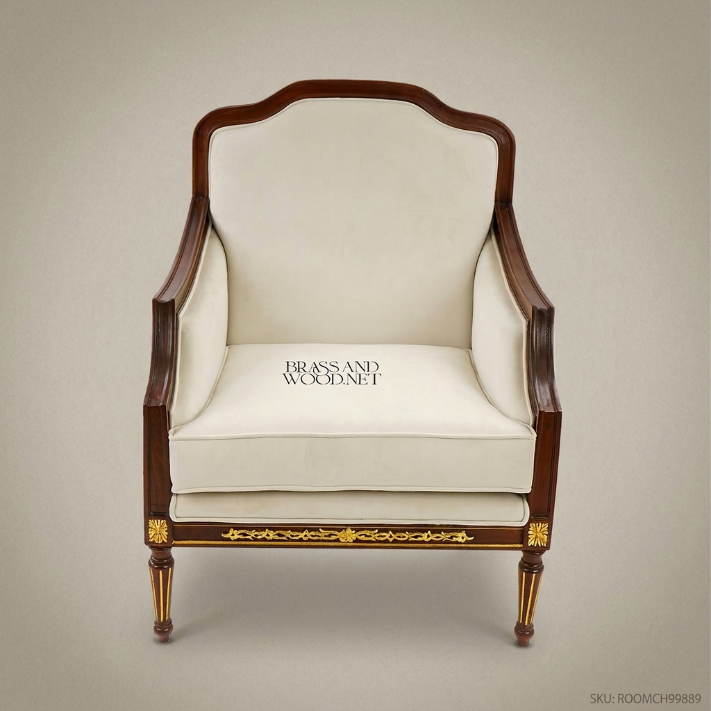 Directoire Mahogany Bergère Armchair Gilt Acanthus Frieze Fluted Legs Cream Upholstery View 2 | Brass & Wood