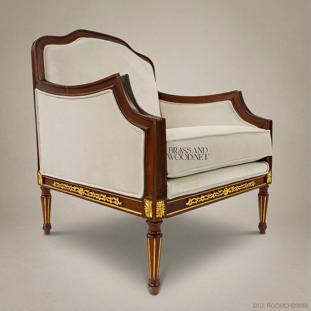 Directoire Mahogany Bergère Armchair Gilt Acanthus Frieze Fluted Legs Cream Upholstery View 3 | Brass & Wood